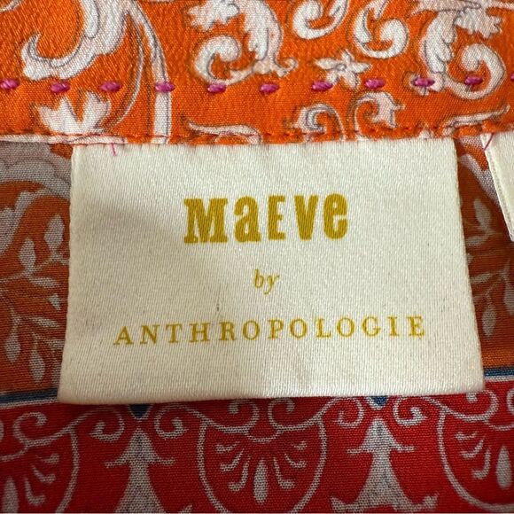 Maeve Anthropologie Potala Blouse Sz 8 Pink Orange Scarf Print Silk Button Up - Picture 8 of 12